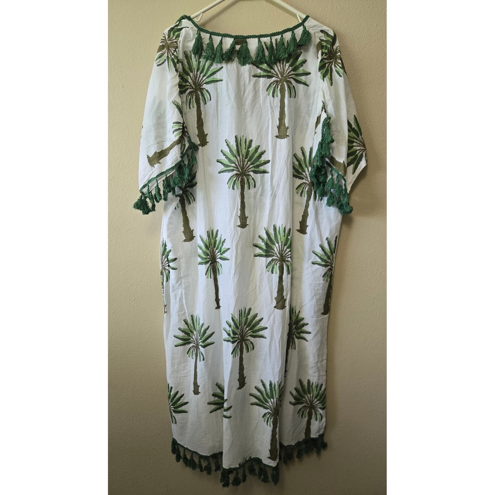 Katie Kime Cotton Silk Palm Tree Kaftan Coverup Green White Tassel Trim One Size - Picture 6 of 9